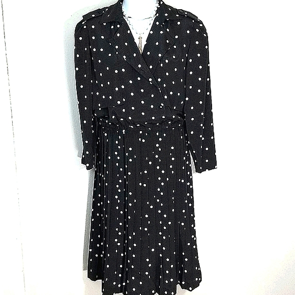 Dress long sleeve houndstooth polka dot maxi Size 10 black brown white print - Picture 1 of 13